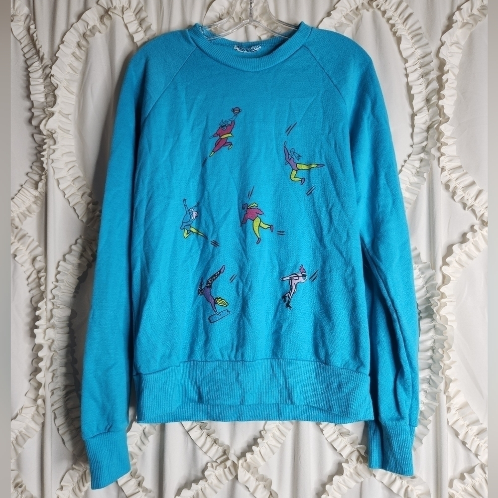 Vintage 80s Blue Acrobat Dancing Rollerblading Sweater Art sz Large